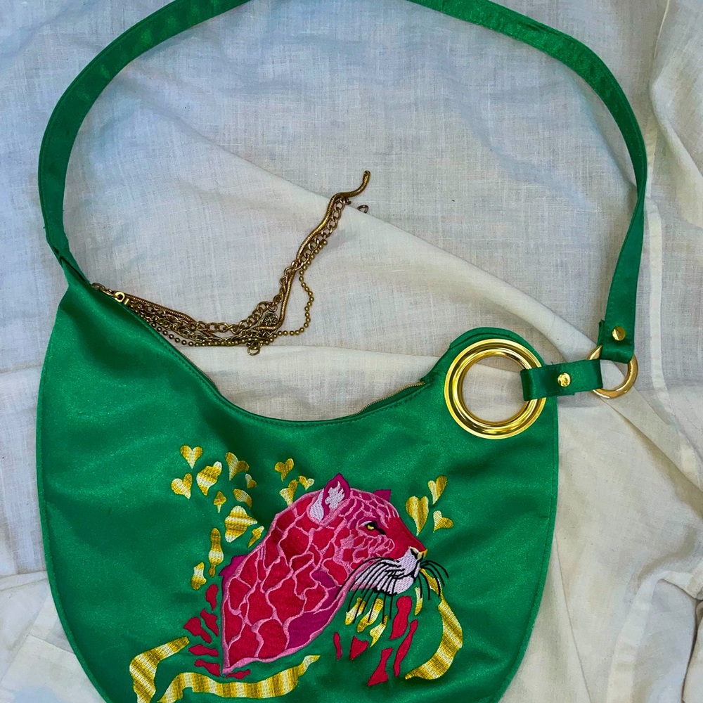 Green silky embroidered bag